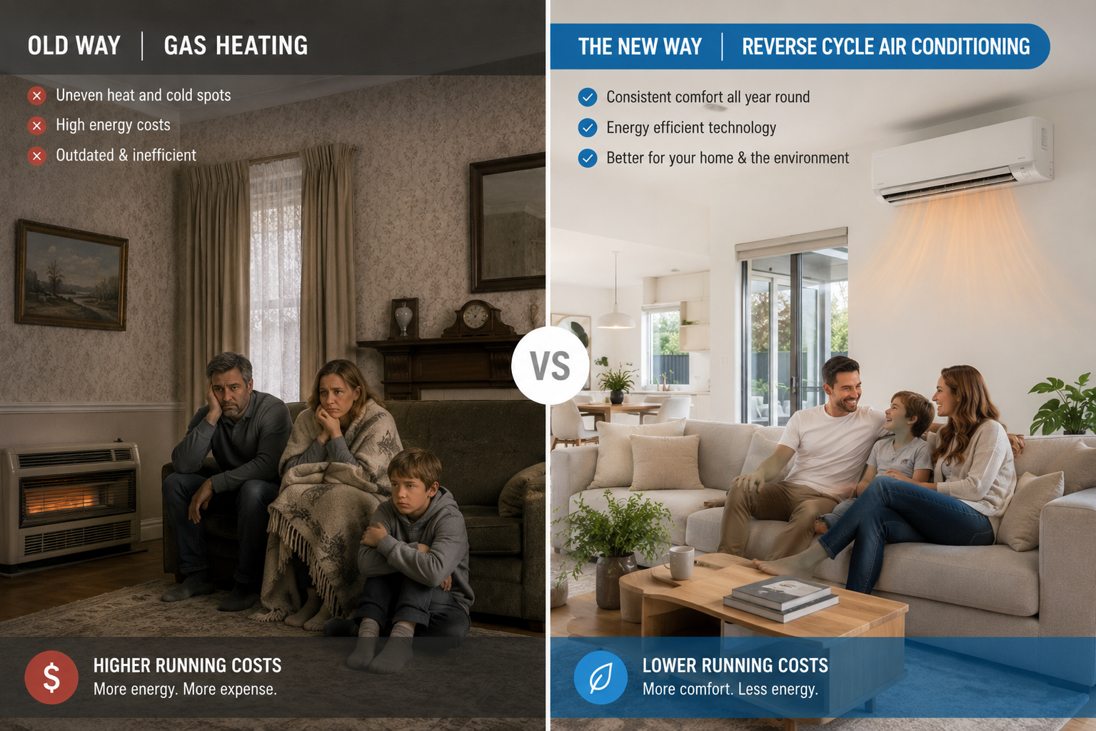Gas heating compared with modern reverse cycle air conditioning