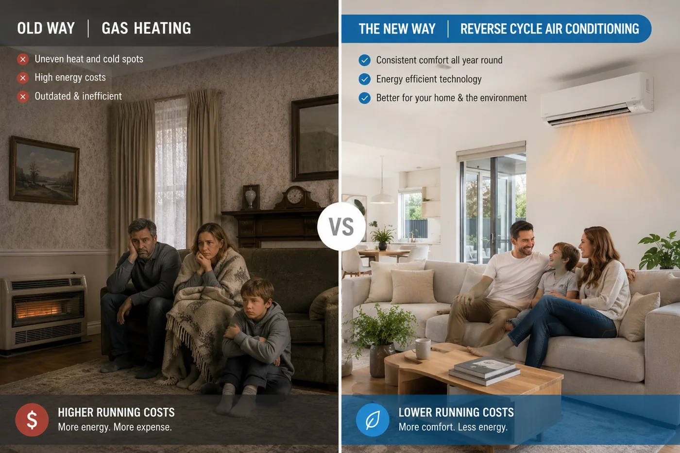 Gas heating compared with modern reverse cycle air conditioning