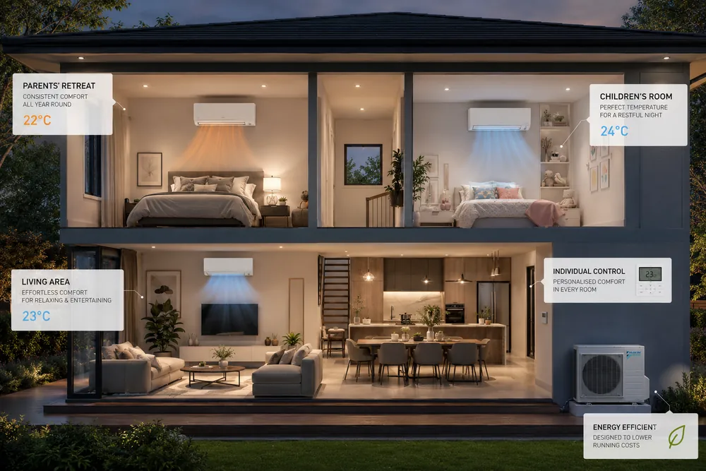 Victorian family relaxing in a comfortable home heated and cooled by reverse cycle