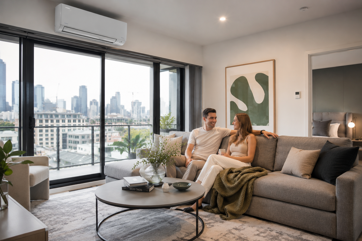 Reverse cycle split system mounted in a Victorian living room