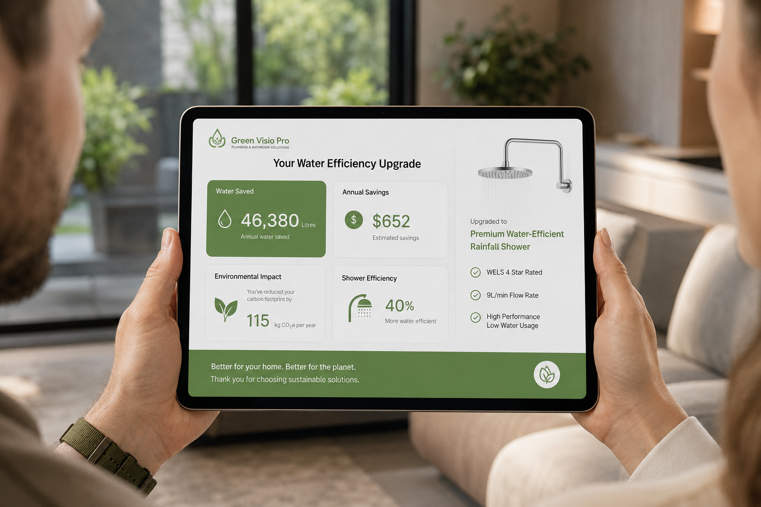 Homeowners reviewing their water savings and upgrade results on a tablet
