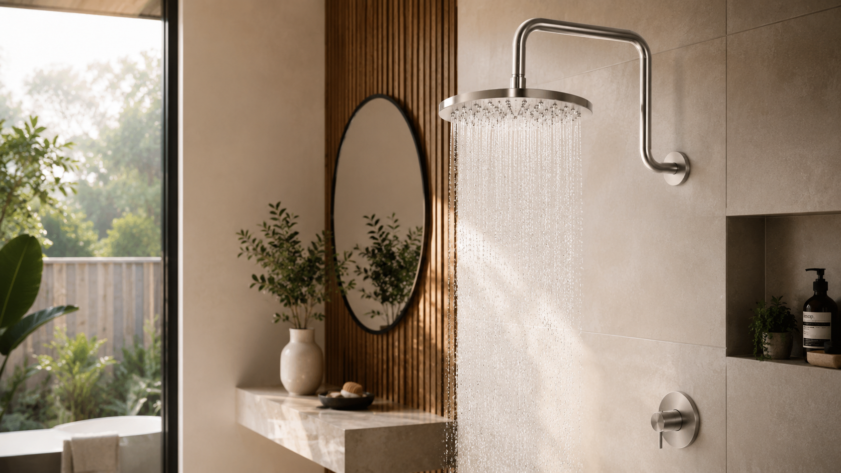 Modern water-efficient showerhead in a Victorian bathroom
