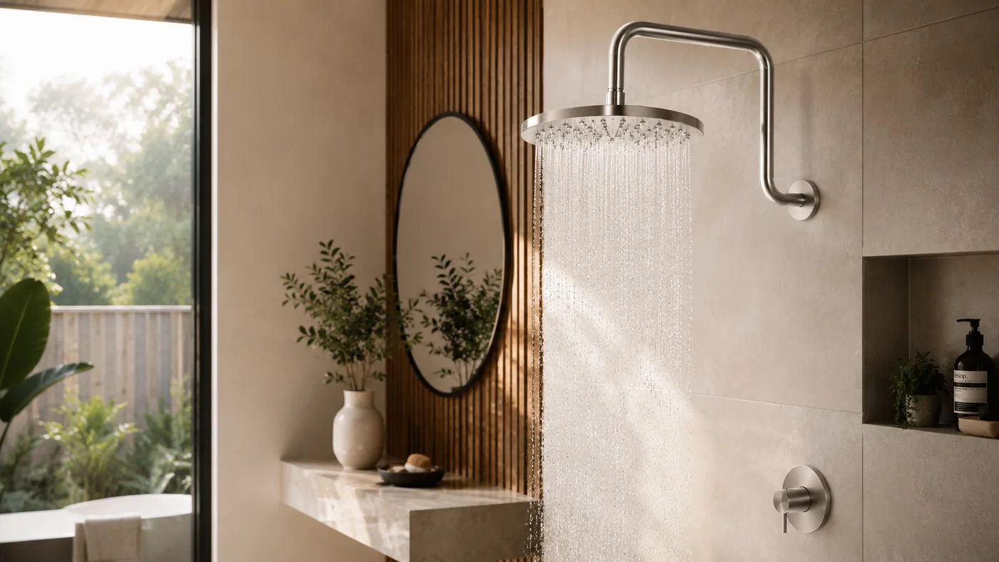 Modern water-efficient showerhead in a Victorian bathroom
