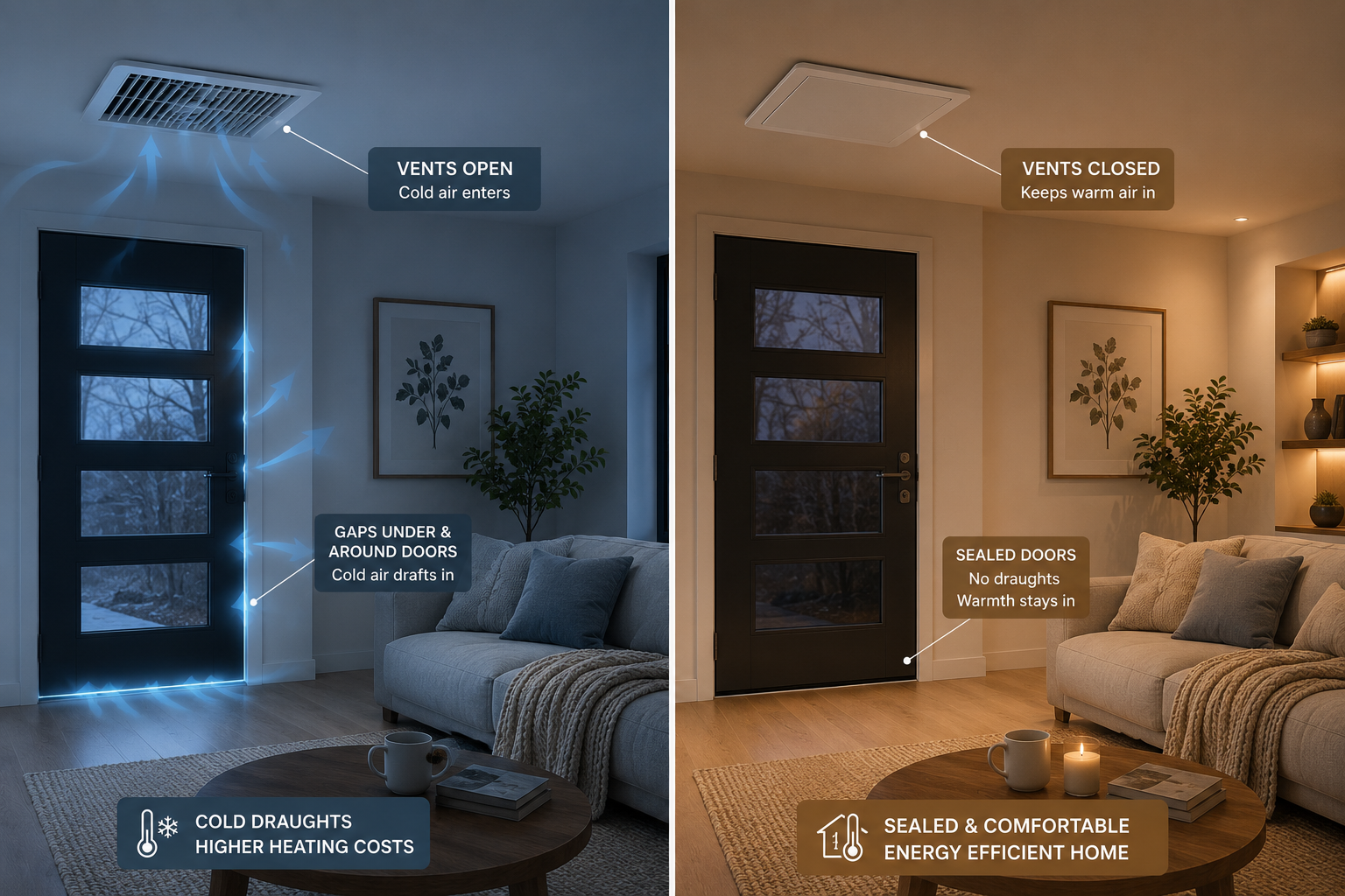 A draughty home compared with a comfortable weather-sealed home
